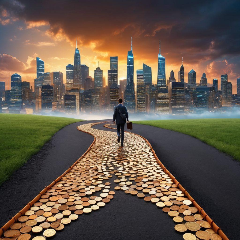 A visually striking representation of a person joyfully navigating a winding path made of coins leading towards a shining city skyline symbolizing financial achievement. Along the pathway, icons of smart banking services like mobile apps, digital wallets, and financial graphs are illustrated. The scene transitions from dark clouds to a bright, hopeful sky, illustrating the journey from savings to satisfaction. super-realistic. vibrant colors. 3D.