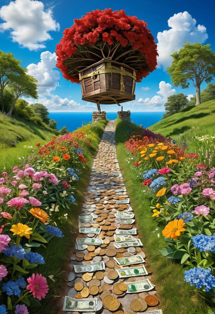 A vibrant, whimsical landscape depicting a joyful path lined with coins and banknotes leading towards a shining treasure chest at the end, symbolizing financial success. Diverse people of different backgrounds smiling and celebrating together along the path, surrounded by lush greenery and colorful flowers. Bright blue skies and fluffy clouds above convey a sense of hope and positivity. super-realistic. vibrant colors. 3D.